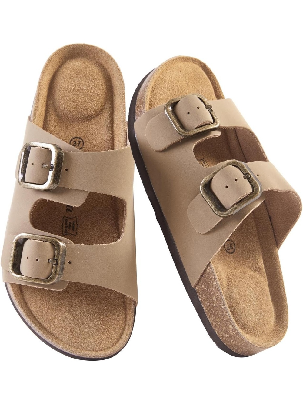 🆕 Women Beige Slide Sandals Double Buckle Strap Cork Footbed Shoes